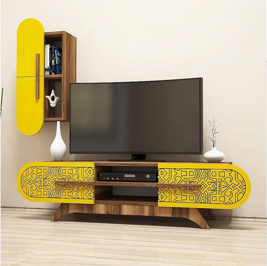 Stojak pod TV – 145 x 37 x 35 cm – Orzech i żółty – Melamina
