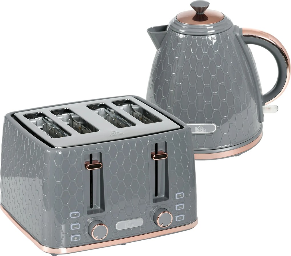 HOMCOM Zestaw kuchenny 2-w-1, toster i czajnik, wiele opcji, 1,7 L, 4 kromki tostów jednocześnie, plastik, Szary