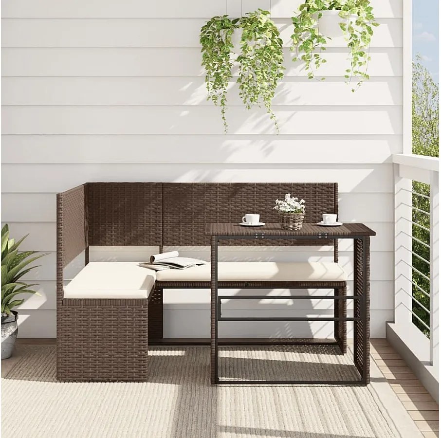 Sofa Ogrodowe z Brązowego Rattanu w Kształcie L z Składanym Stołem i Wygodnymi Poduszkami