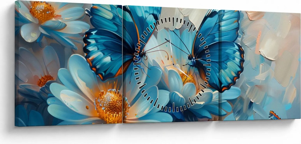 Obraz - Niebieskie motyle (z zegarem) (90x30 cm)
