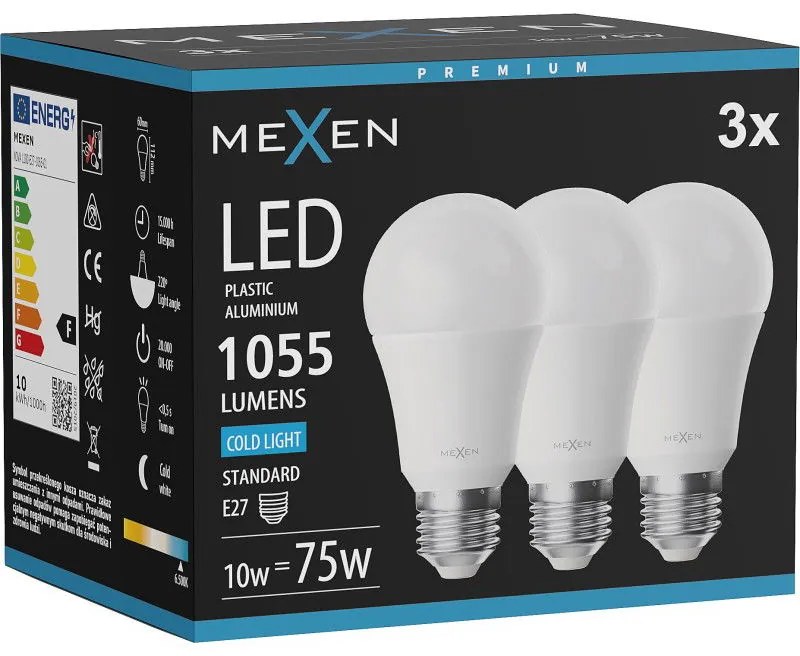 Mexen Nova 3x żarówka LED E27, A60, 10W, Zimna - 6500K, 1055 lm - L100-E27-1065-01x03