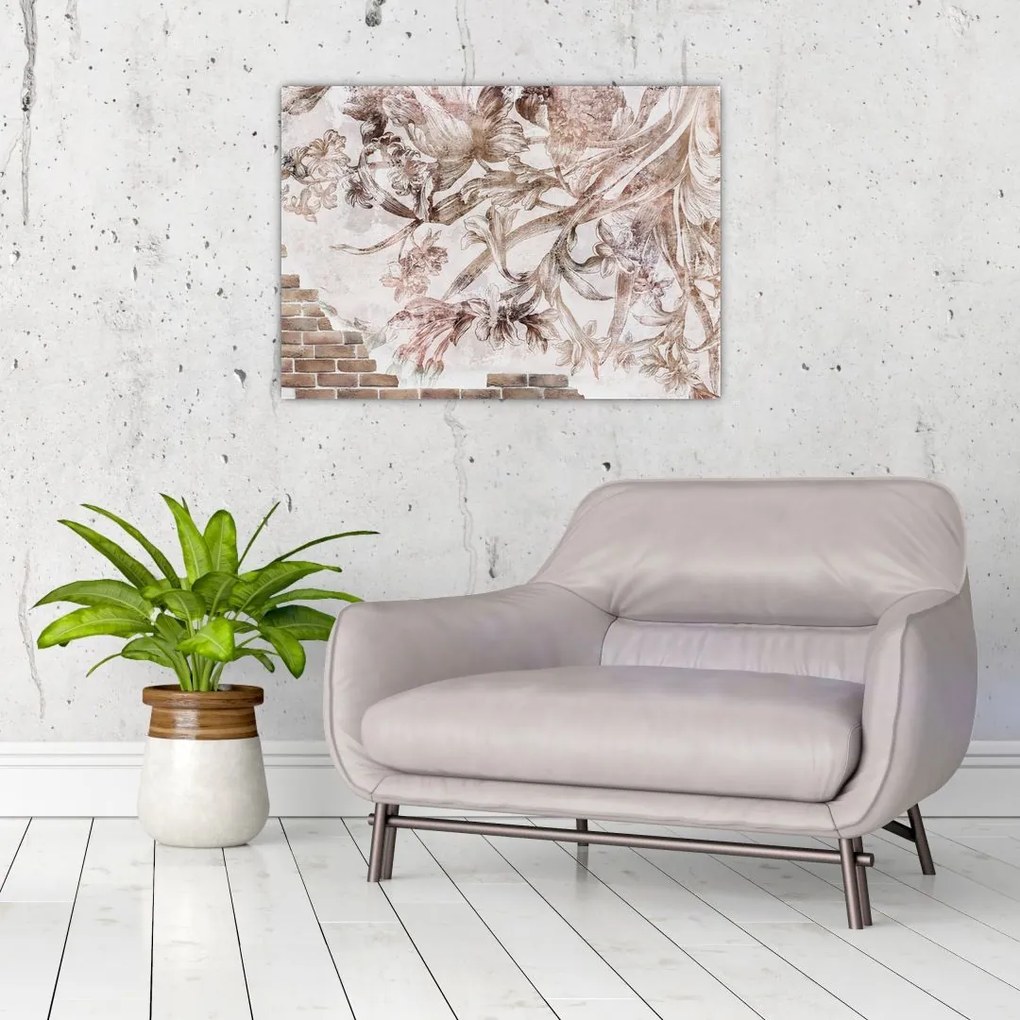Obraz - Kwiatowy fresk na ceglanej ścianie (70x50 cm)