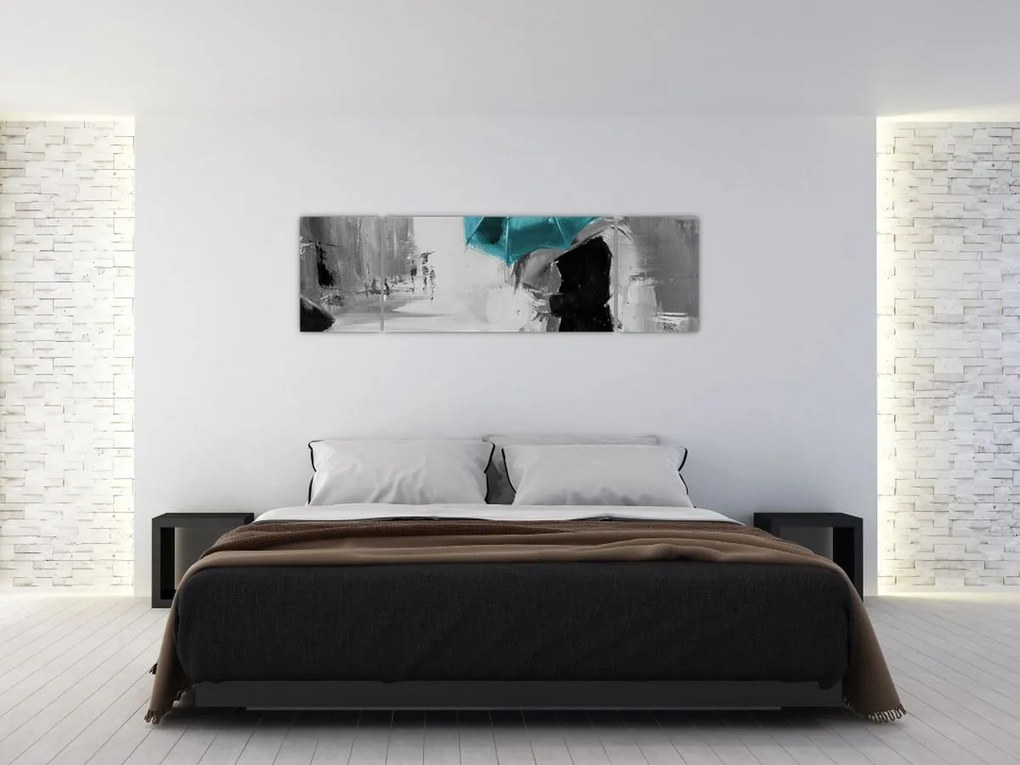 Obraz - Zakochana para z parasolem, niebieski (170x50 cm)