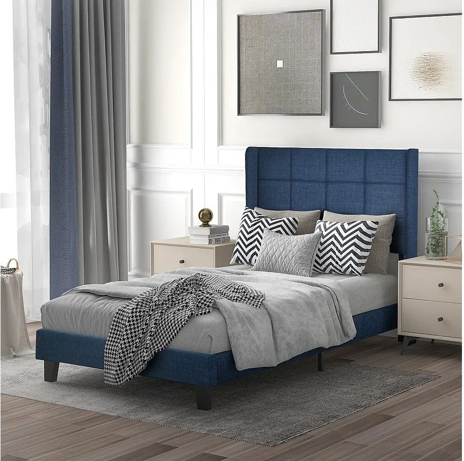 Łóżko 90x200 cm - len niebieski - łóżko dziecięce z tapicerowanym zagłówkiem i stelażem z listew - bez materaca