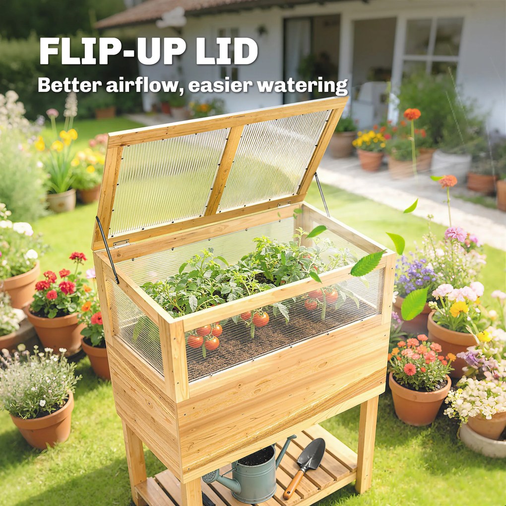 Outsunny Podwyższona grządka z inspektem z drewna, podwyższony doniczkowiec z otwieraną pokrywą, półką, włókniną, ergonomiczny | Aosom PL