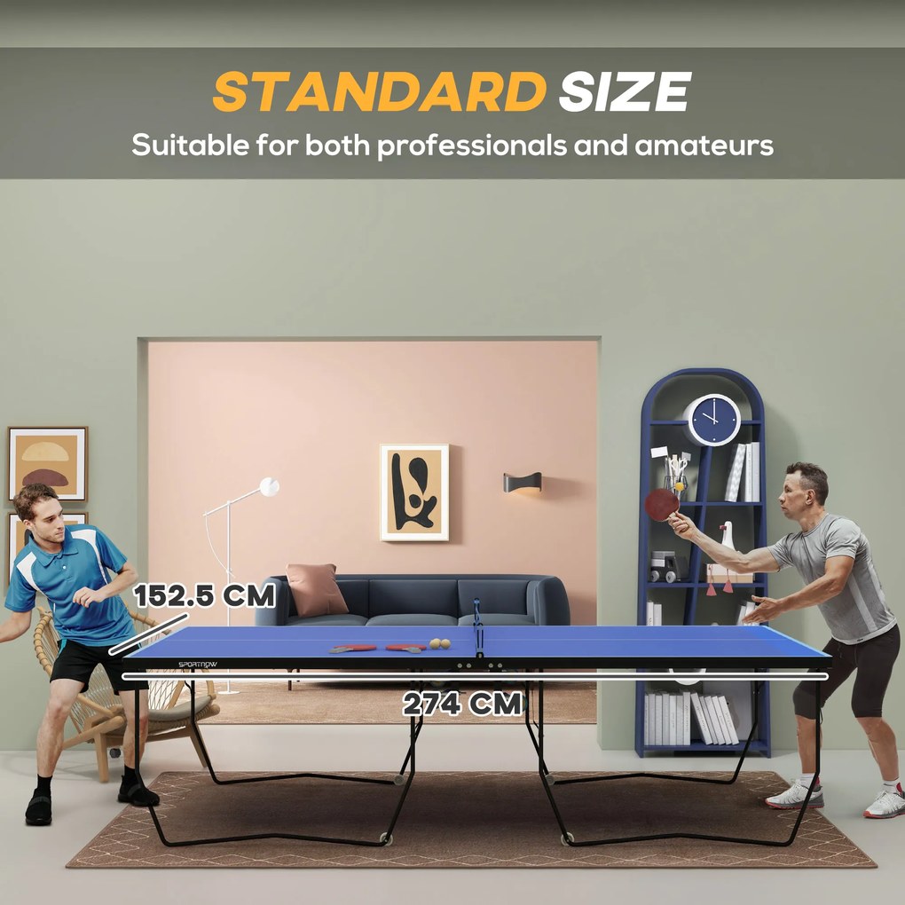 SPORTNOW Stół do Tenisa Stołowego, Składany, 8 Kół, Rama z Malowanej Proszkowo Stali, MDF, 274 x 152,5 x 76 cm, Niebieski