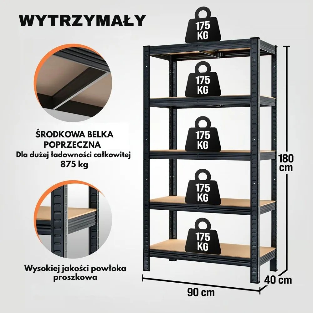 Regał o dużej nośności HEAVY, maks. 875kg, 90x40x180cm, czarny Jurhan