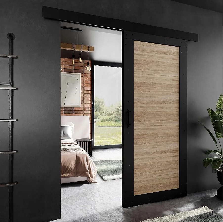 Drzwi przesuwne PALADIO 2 z maskownicą czarne i dąb sonoma 90