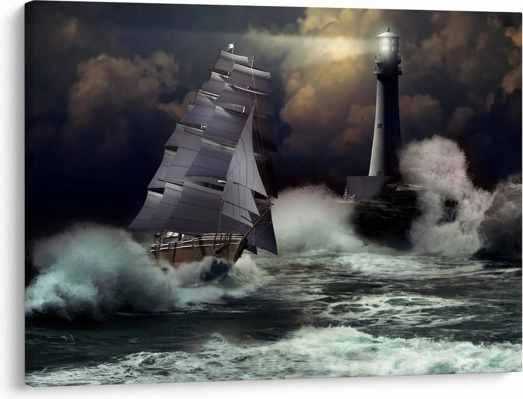 Obraz - Statek płynący przez wzburzone fale (70x50 cm)