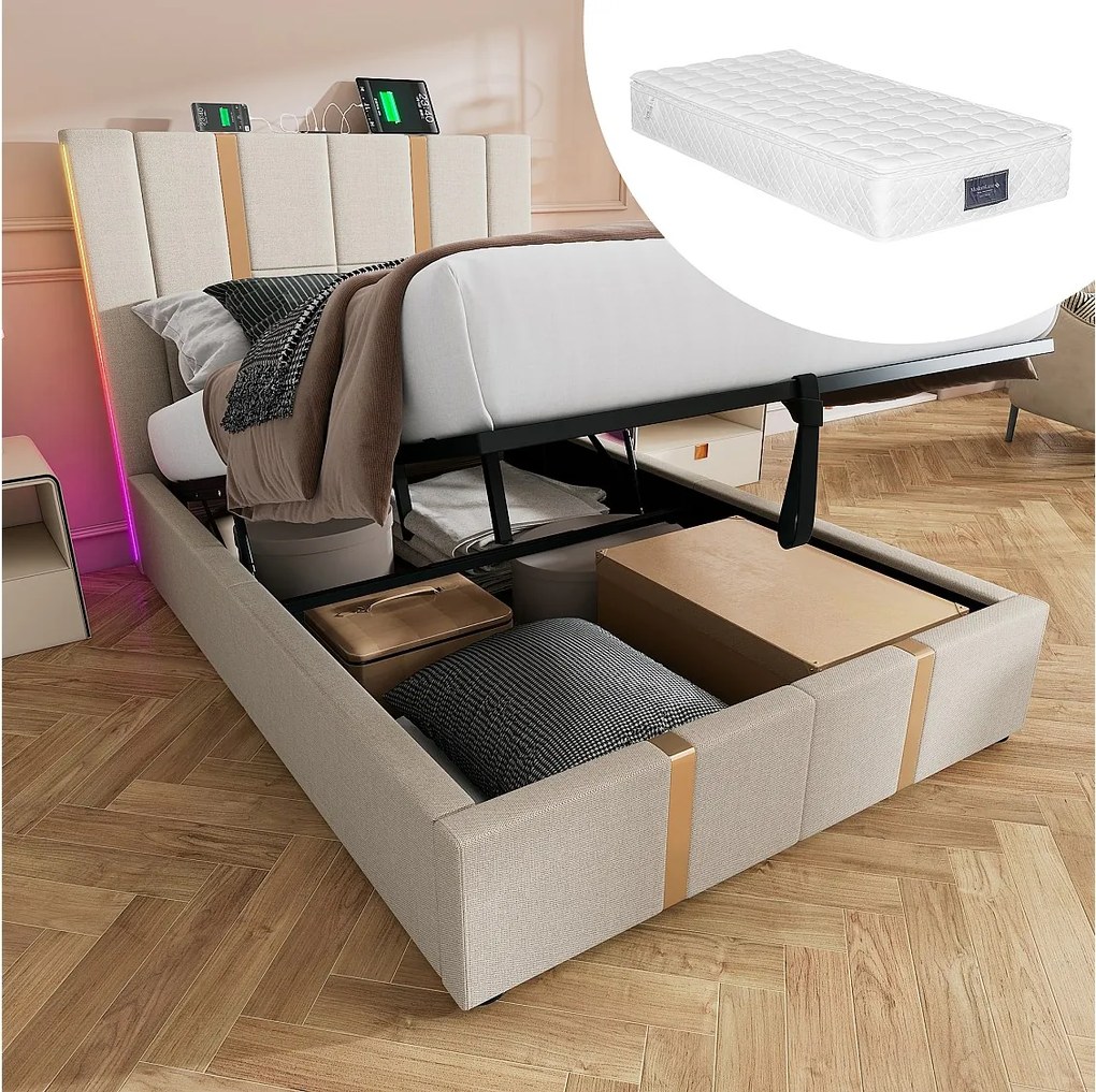Łóżko tapicerowane dwuosobowe ze schowkiem - 140 x 200 cm - Materac + Leds + Zagłówek z USB - Tkanina lniana - Beżowy