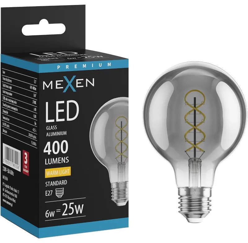 Mexen Vintis żarówka filament spirala LED E27, G80, 6W, Ciepła - 2700K, 400 lm, smoke - L165-E27-0627-70
