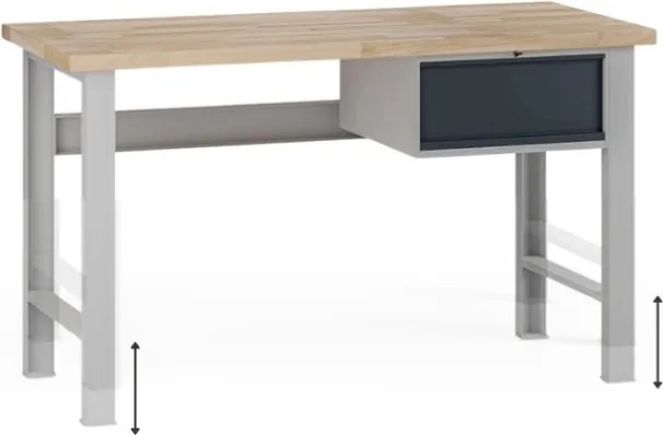 Stół warsztatowy z regulacją wysokości G7, blat bukowy, 1500 x 685 x 840-1040 mm, 1x kontener, 1x szuflada, grafitowy