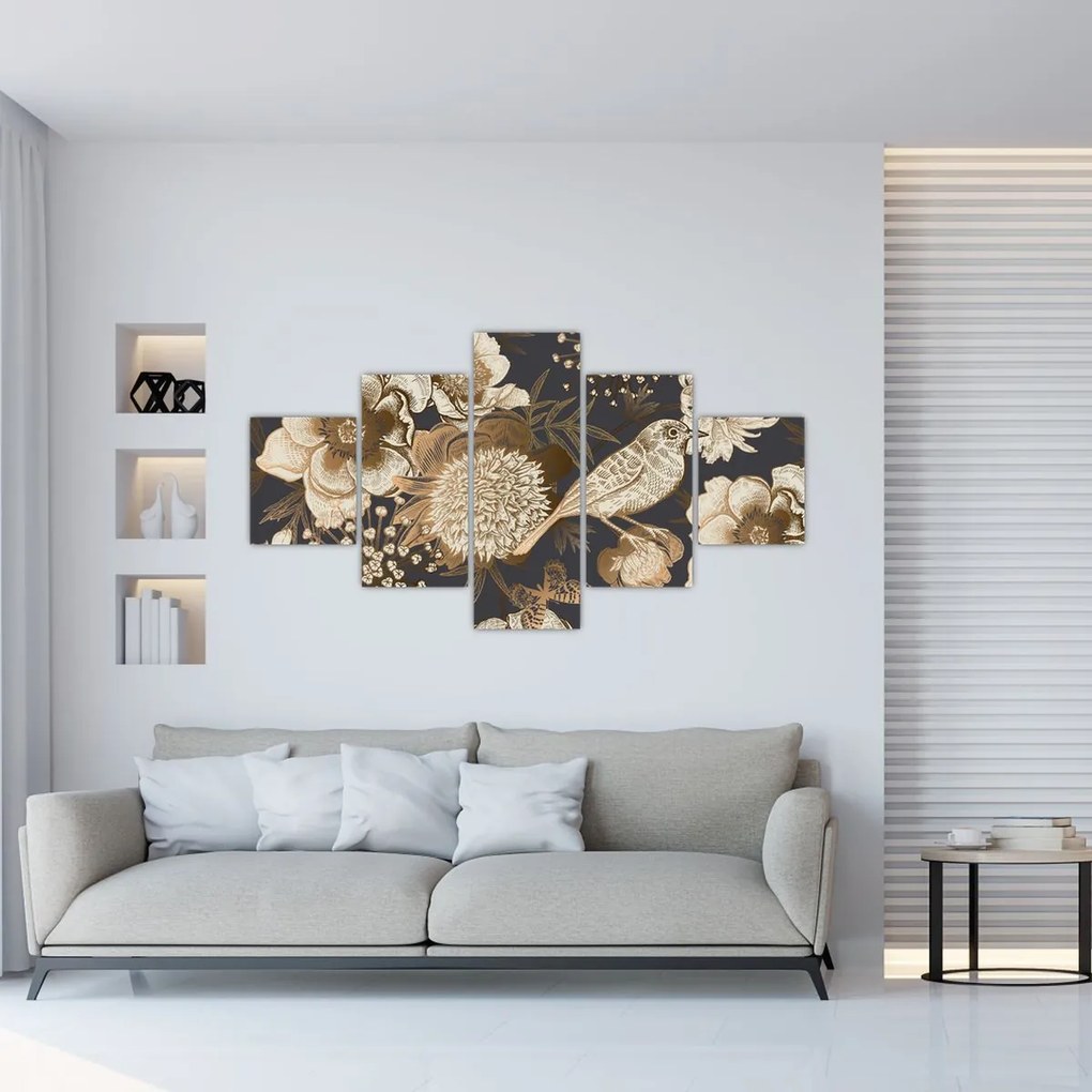 Obraz złotych kwiatów na ciemnym tle (125x70 cm)