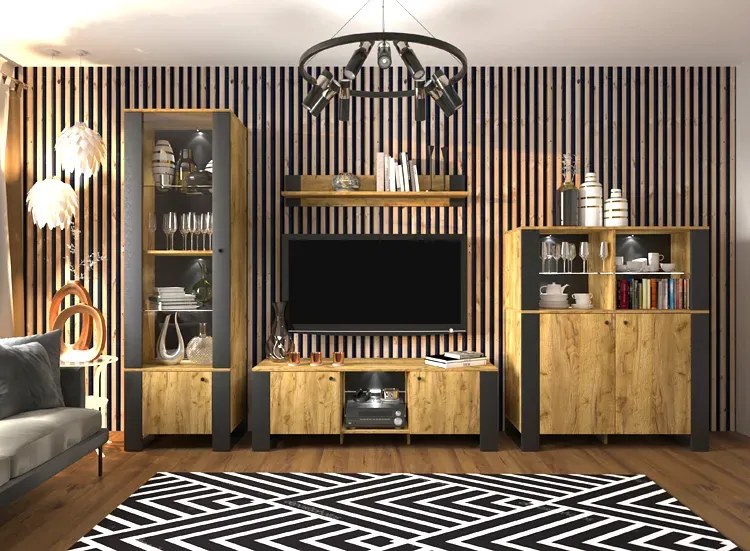 Loftowy regał słupek z witryną dąb craft złoty S7-N94