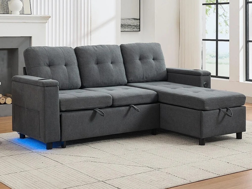 Kanapa narożna 3-osobowa 208x146x89,5 cm - Składana - z oświetleniem LED - z uchwytem na kubek i torbą do przechowywania - Szary