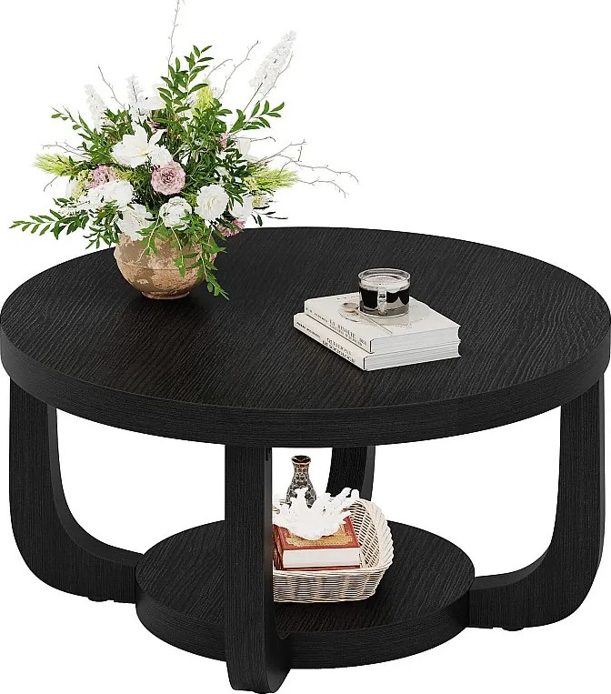 Okrągły stolik kawowy 80 cm, 2-poziomowy stolik kawowy w kształcie koła ze schowkiem, czarny
