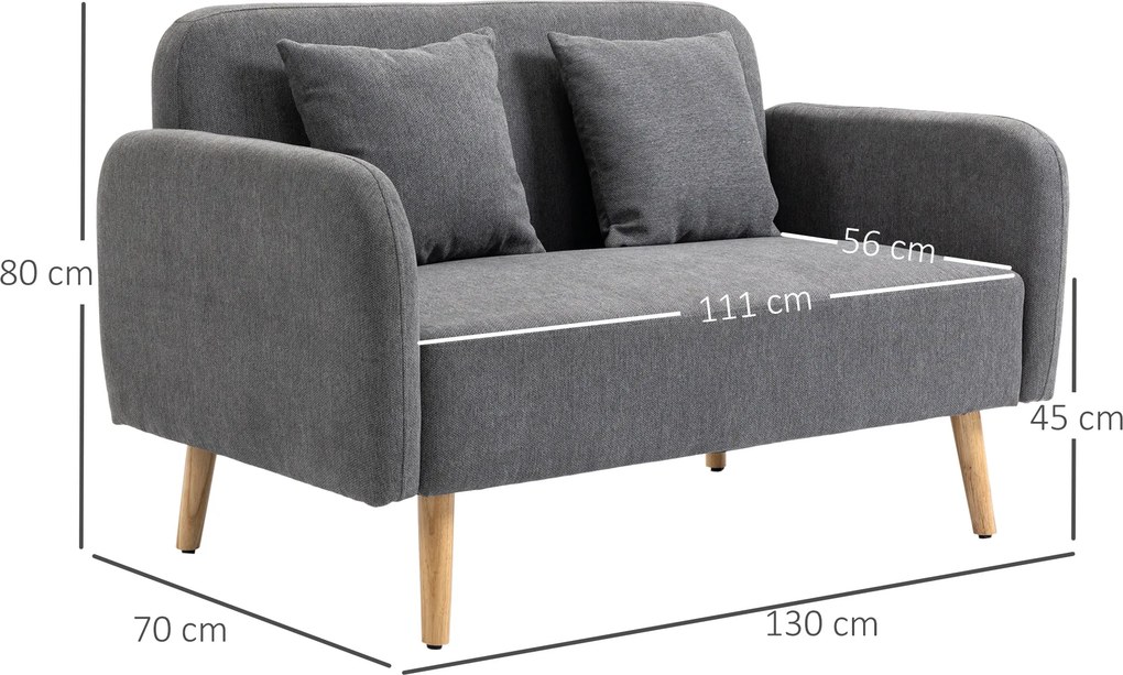 HOMCOM Nowoczesna sofa 2-osobowa z poduszkami, aksamitna kanapa szara 130x70x80 cm | Aosom PL