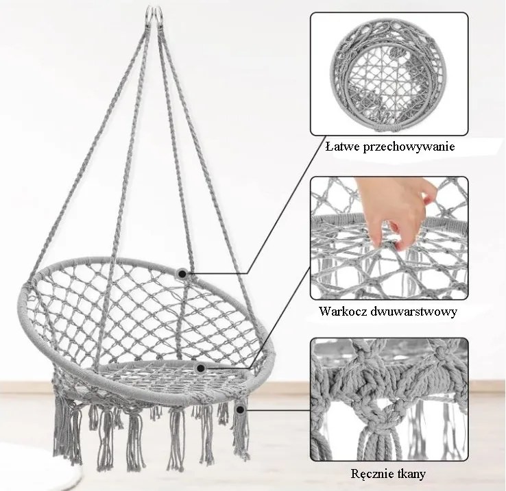 Krzesło brazylijskie fotel wiszący Magia Wypoczynku w stylu boho B-3101C szary