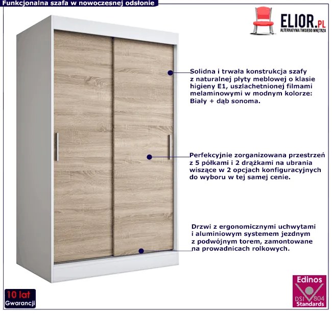 Szafa przesuwna biel + dąb sonoma 120 cm - Erco 3X