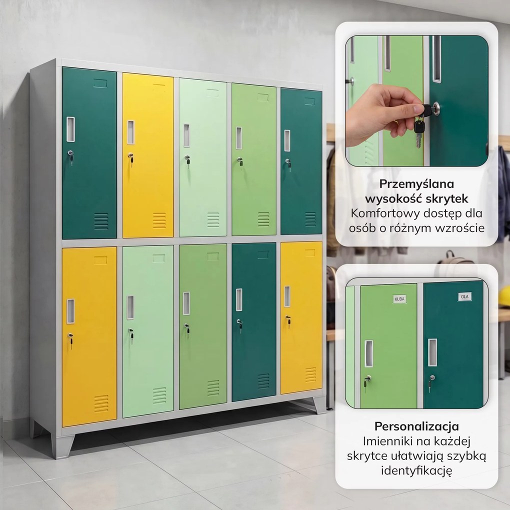 Szafa BHP ubraniowa 10-drzwiowa szaro-zielono-żółta: BARTEK 1360 x 1720 x 450 mm