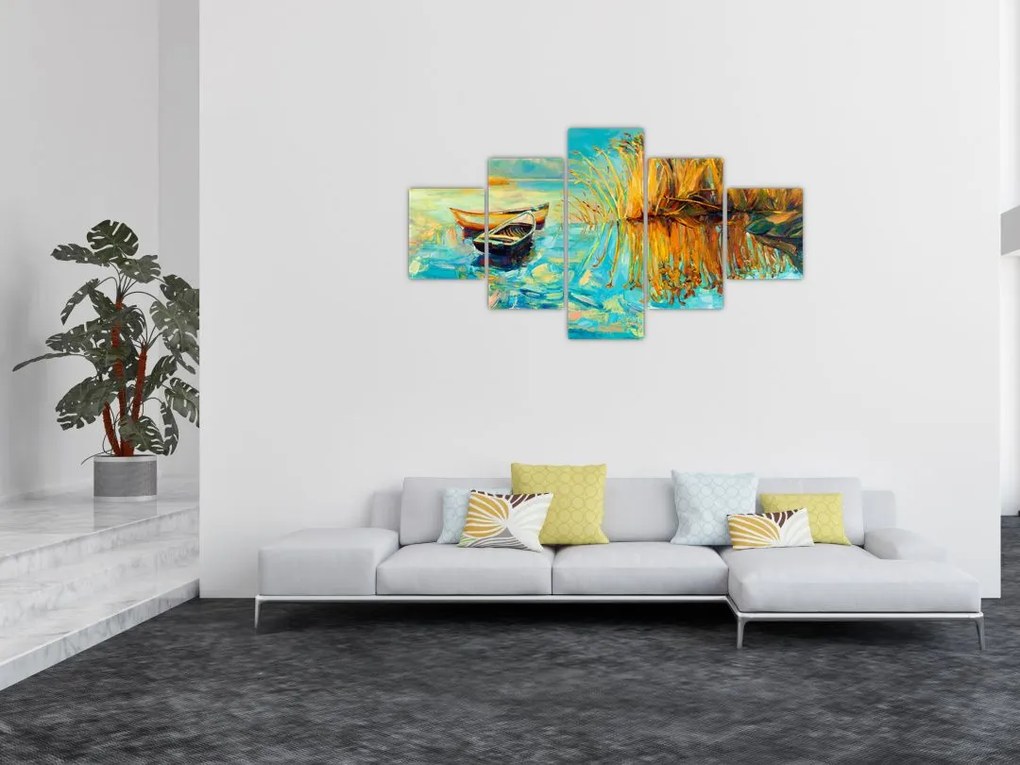 Obraz - Jezioro z łodziami (125x70 cm)