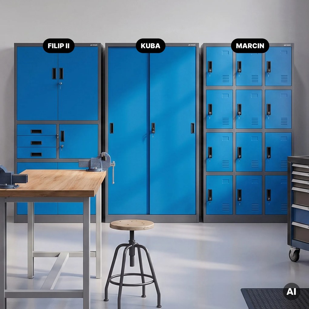 Szafa metalowa biurowa z drzwiami przesuwnymi antracytowo-niebieska, 900x1850x400 mm: KUBA