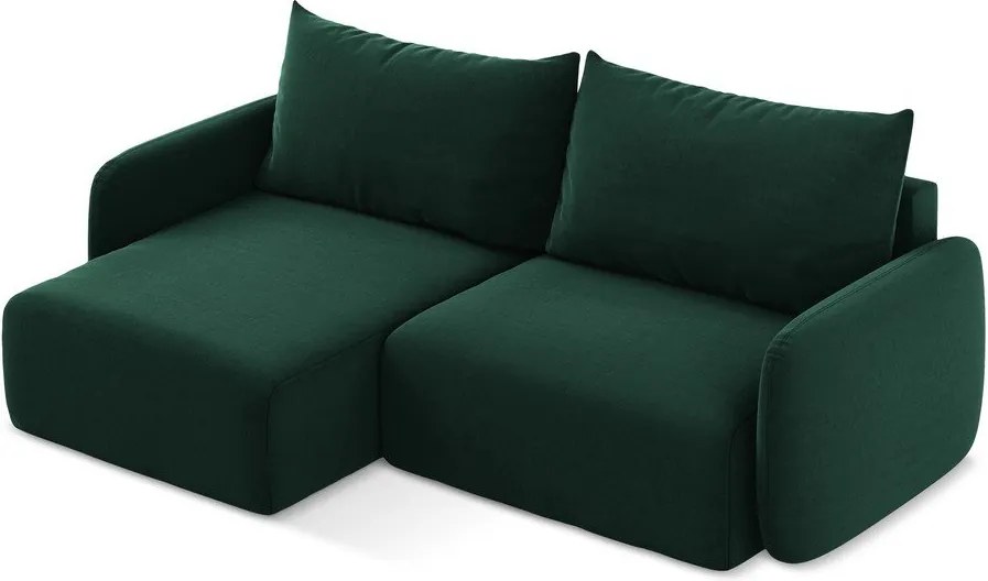 Ciemnozielony aksamitny rozkładany narożnik ze schowkiem (lewostronny/z szezlongiem) Kalena – Makamii