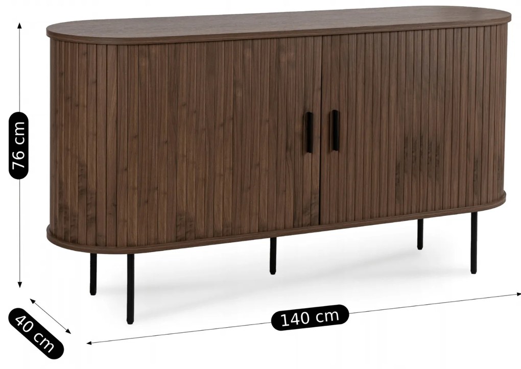 Komoda do Salonu Rozsuwana TRISH 140 cm Orzech Dwudrzwiowa Ryflowana Nowoczesna