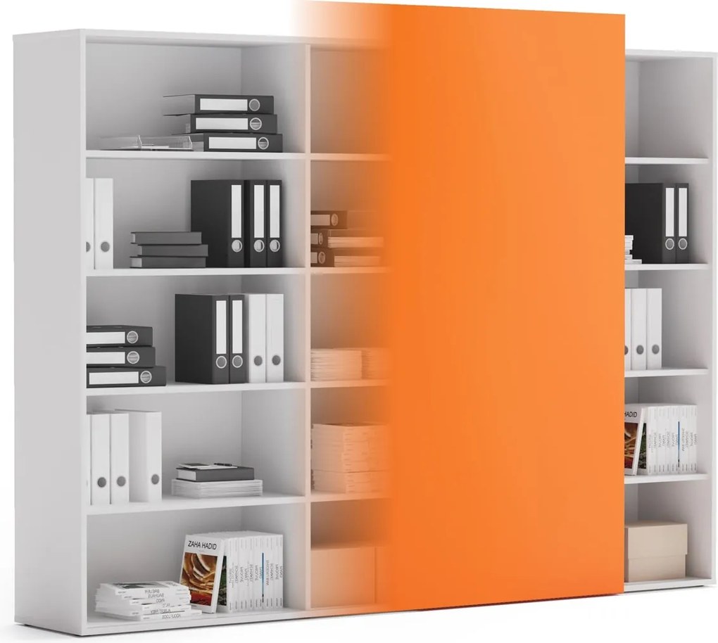 Regał biurowy z przesuwnym panelem BLOCK, 2390 x 400 x 1748, Biały / pomarańczowy