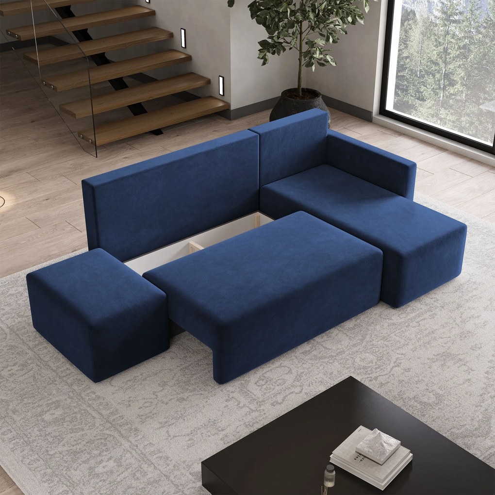 Masseno Narożnik VELOTTI z funkcją spania i pojemnikiem na pościel Narozniki L, Rozkładana sofa - Niebieski, KRONOS 09