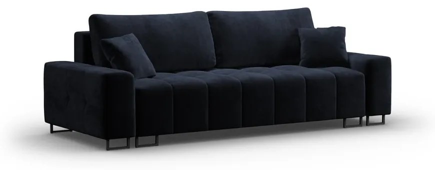 Ciemnoniebieska aksamitna rozkładana sofa ze schowkiem 250 cm Wicklow – Cosmopolitan Design
