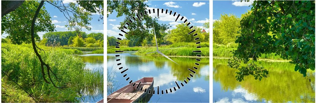 Obraz letniej rzeki z łodzią (z zegarem) (90x30 cm)