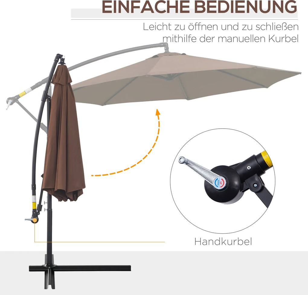 Outsunny Parasol Ogrodowy z Korbką Wodoodporny 3 m x 2,5 m, Stal i Poliester, Kolor Kawa