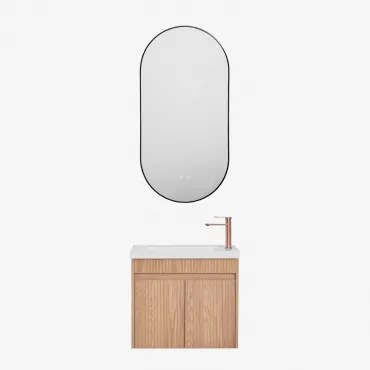 Zestaw Wiszących Mebli Łazienkowych Zintegrowany Z Umywalką Narek Popielaty Brąz & Owalna Osłona Led - Sklum