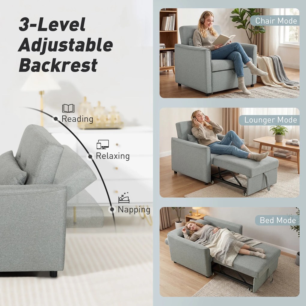 HOMCOM 3-w-1 Fotel z Funkcją Łóżka, Rozkładany Fotel Sofa z Regulowanym Oparciem, Szary | Aosom PL