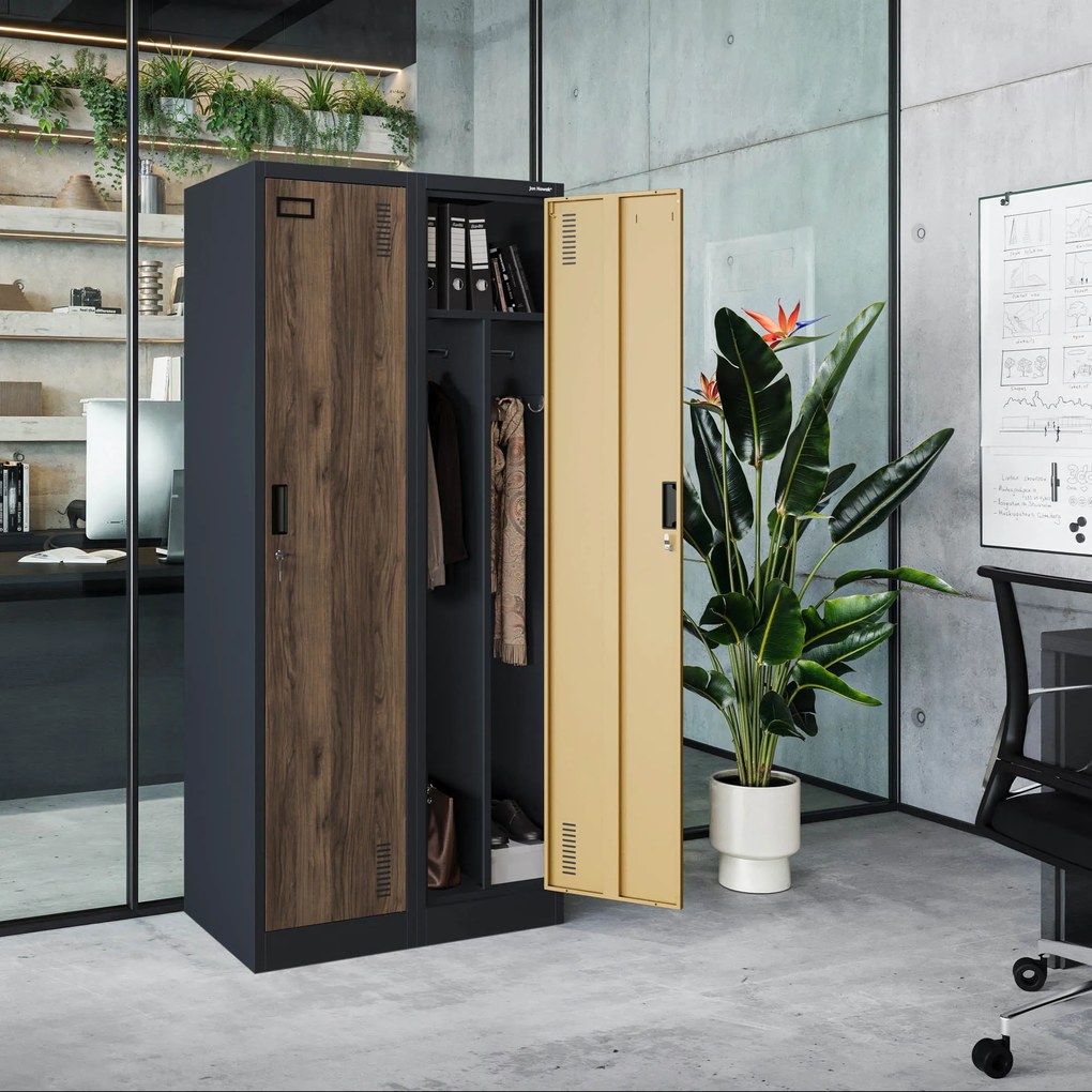 Szafka ubraniowa pracownicza czterokomorowa antracytowa/orzech, 800x1800x500 mm: KACPER Eco Design
