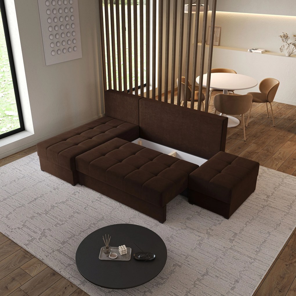 Masseno Narożnik NORVI z funkcją spania i pojemnikiem na pościel Narozniki L, Rozkładana sofa - Brązowy, KRONOS 06
