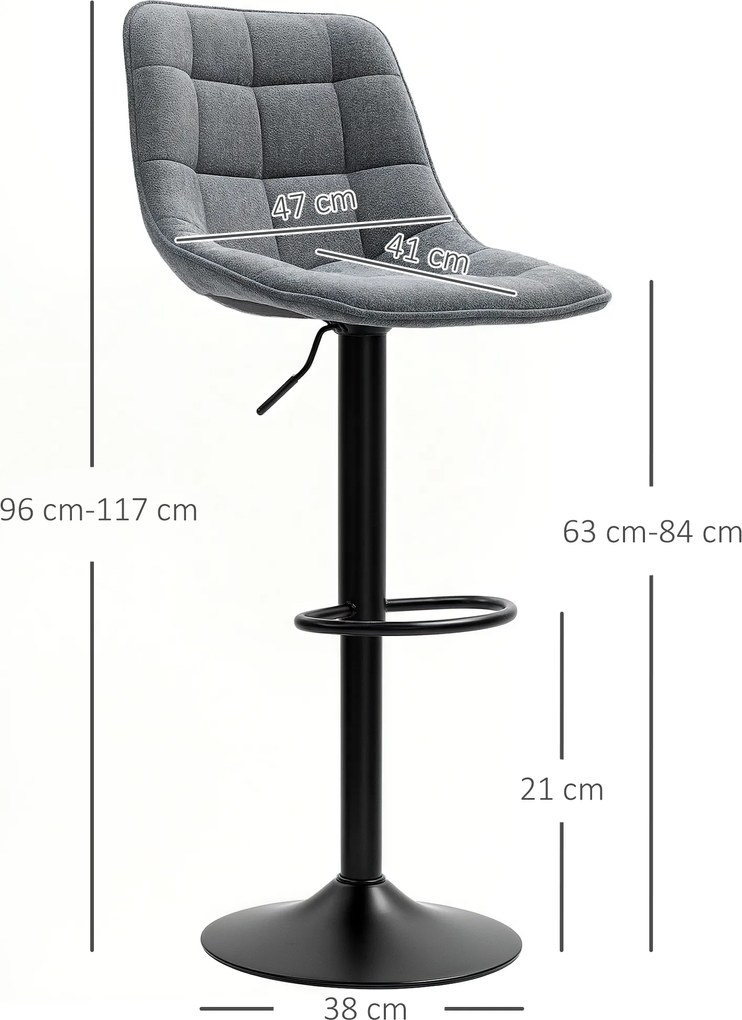 HOMCOM Nowoczesne Krzesła Barowe, Zestaw 2 szt. Z Opórką, Regulowane Wysokościowo, z Podnóżkiem, Obracane, Wyściełane, Ciemnoszary