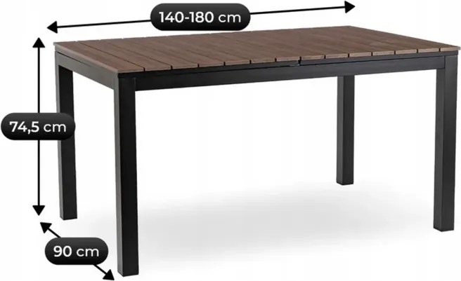 Stół Ogrodowy Prostokątny ARGOS 140-180 cm Rozkładany Orzech/Czarny