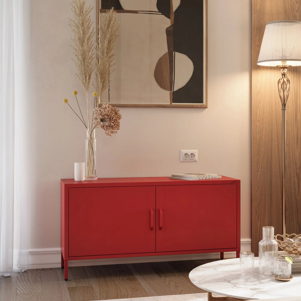 Szafka RTV metalowa na nóżkach czerwona Modern ROSA 1150 x 595 x 400 mm