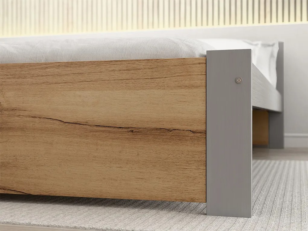 Łóżko IKAROS 90 x 200 cm, dąb artisan/szary Stelaż: Ze stelażem listwowym rolowanym elastycznym, Materac: Materac Somnia 18 cm