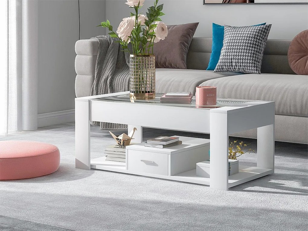 Stolik kawowy z szufladą - szklany blat - Biały