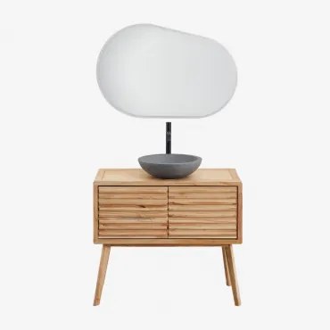 Zestaw Mebli Łazienkowych Z Drewna Deleyna Naturalna & Okrągły Szary Cement Ø40 Cm Tarsis & Owalna Lampa Led I Przeciwmgielna - Sklum