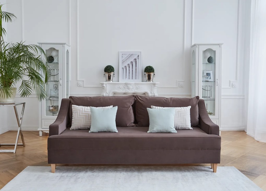 Notting Hill sofa 3-osobowa z funkcją spania i z pojemnikiem na pościel, krawędzie obszyte kedrą. Sofa w stylu modern classic. Sofa do salonu w stylu nowojorskim. Tkanina Matt Velvet, wiele kolorów do wyboru.