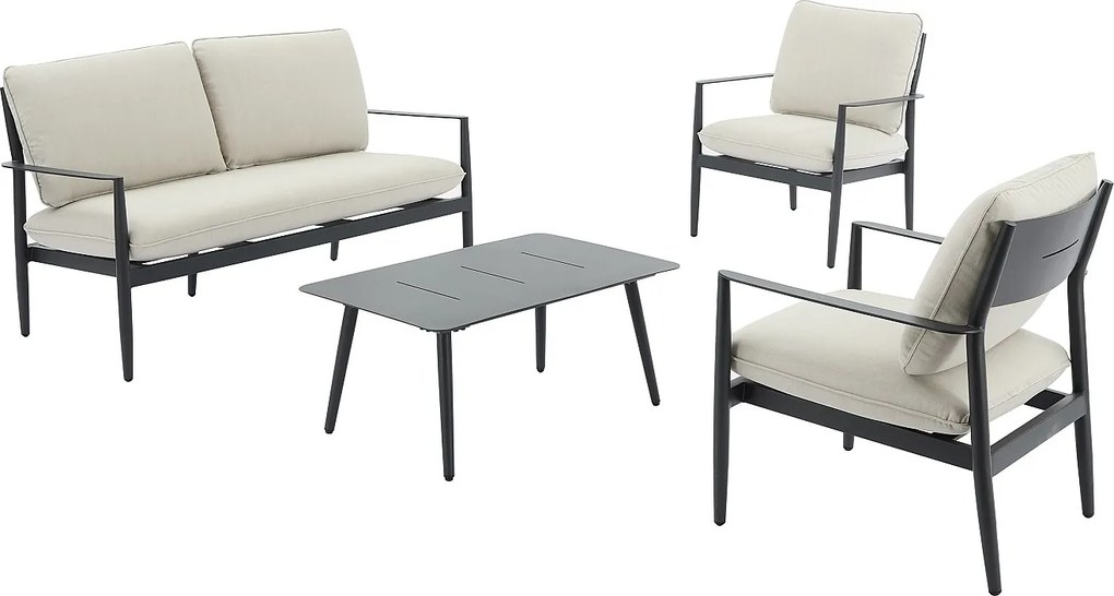 Zestaw mebli ogrodowych z aluminium: Kanapa  2-osobowa, 2 fotele i 1 stolik kawowy - Antracytowy z beżowymi poduszkami - TAVINYA od MYLIA
