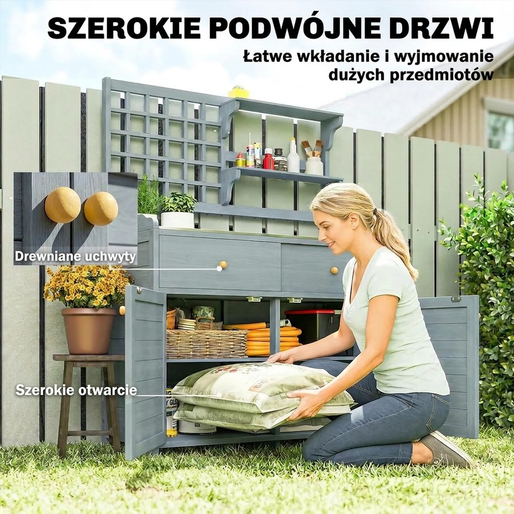 Outsunny Stół do sadzenia z szafką na zewnątrz, drewno, szafka ogrodowa z ocynkowaną powierzchnią roboczą, 2 szuflady, 104x44x140 cm jasnoszary | Aosom PL