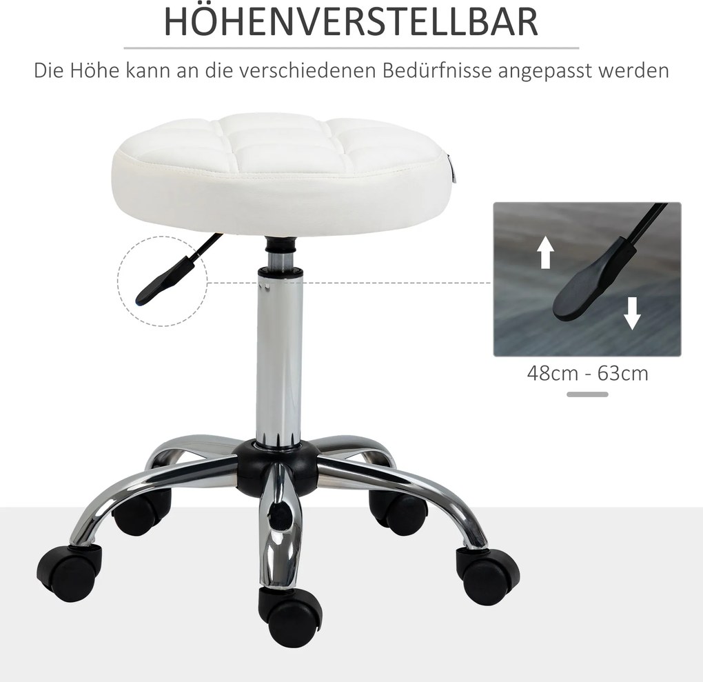 HOMCOM Stołek obrotowy, Stołek salonowy, regulowany, sztuczna skóra, pikowany wzór, Ø35,5 x 48-63 cm, Biały/Srebrny