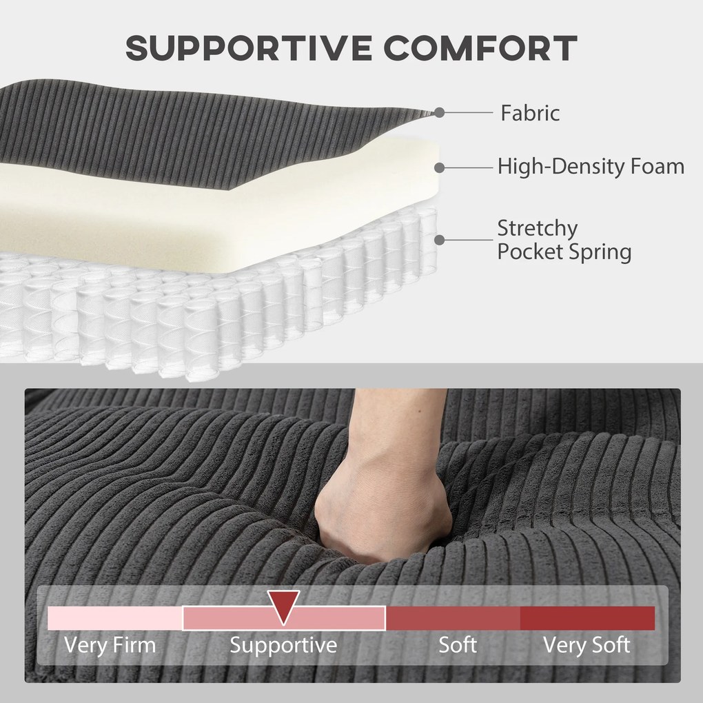 HOMCOM Narożna sofa w kształcie U, sofa z sprężynami kieszeniowymi, wyściełane podłokietniki, ruchomy szezlong, sztruks, 292x224x85 cm, ciemnoszary | Aosom PL