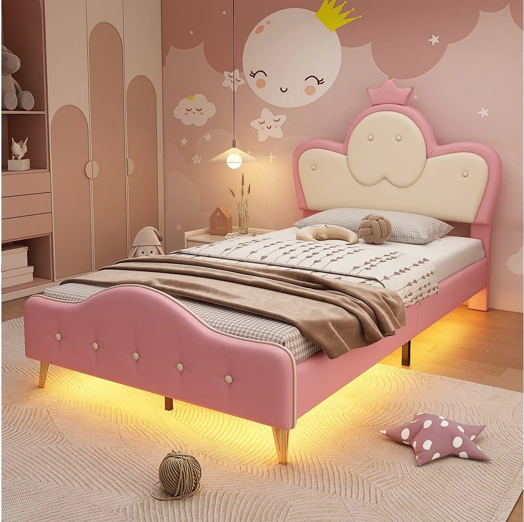 Łóżko tapicerowane 90 x 200 cm z wezgłowiem - wzór Crown - diody LED - skóra ekologiczna i nogi metalowe - różowy + biały (bez materaca)