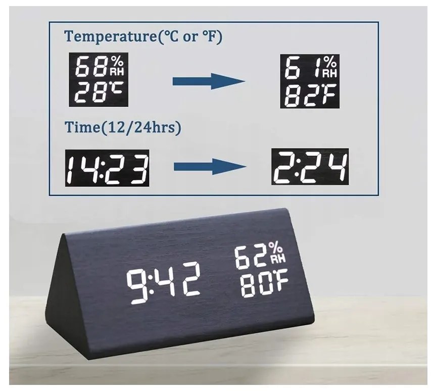 Zegar budzik elektroniczny led drewniany stojący - data termometr higrometr